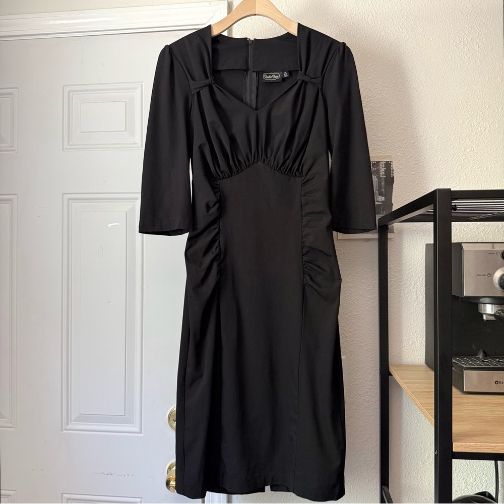 VOODOO VIXEN black ruched v neck long 3/4 sleeve pinup retro sheath midi dress